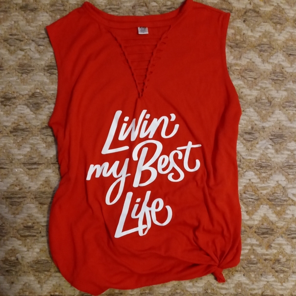 Tops - "Livin' My Best Life" Red & Wht Tank Sz L